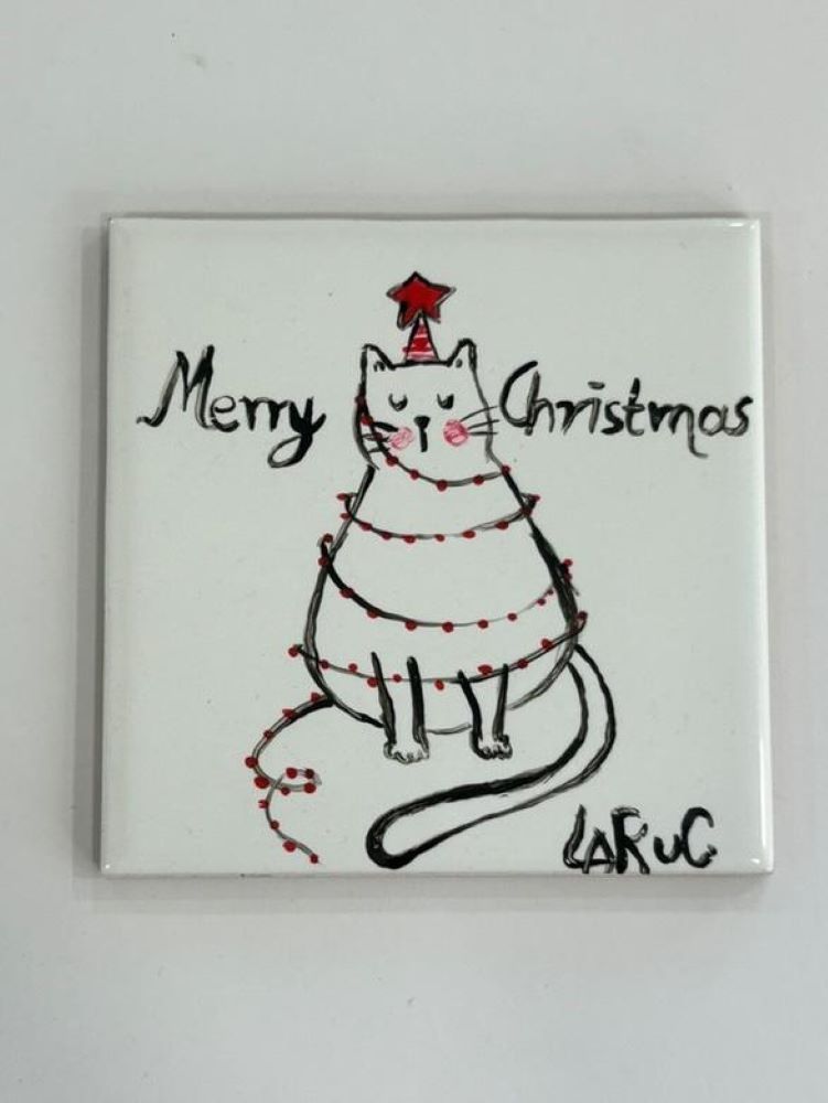 Χειροποίητο Ζωγραφισμένο Πλακάκι «Merry Christmas Cat» 10×10 cm – Σουβέρ & Διακοσμητικό Τοίχου