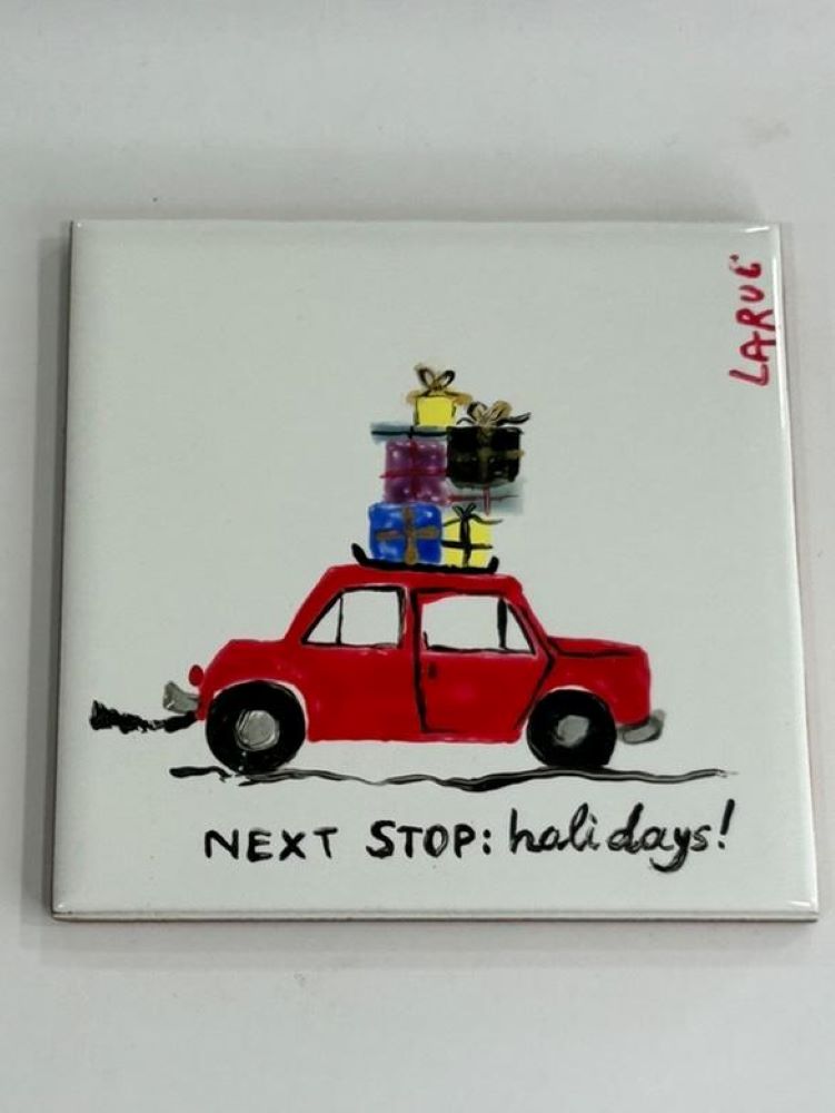 Χειροποίητο Ζωγραφισμένο Πλακάκι «Next Stop: Holidays!» – Σουβέρ & Διακοσμητικό Τοίχου