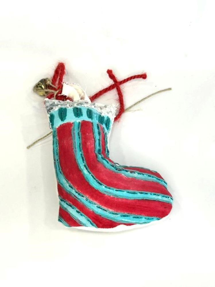Χειροποίητο Υφασμάτινο Χριστουγεννιάτικο Στολίδι – Κάλτσα σε Κόκκινο & Τυρκουάζ