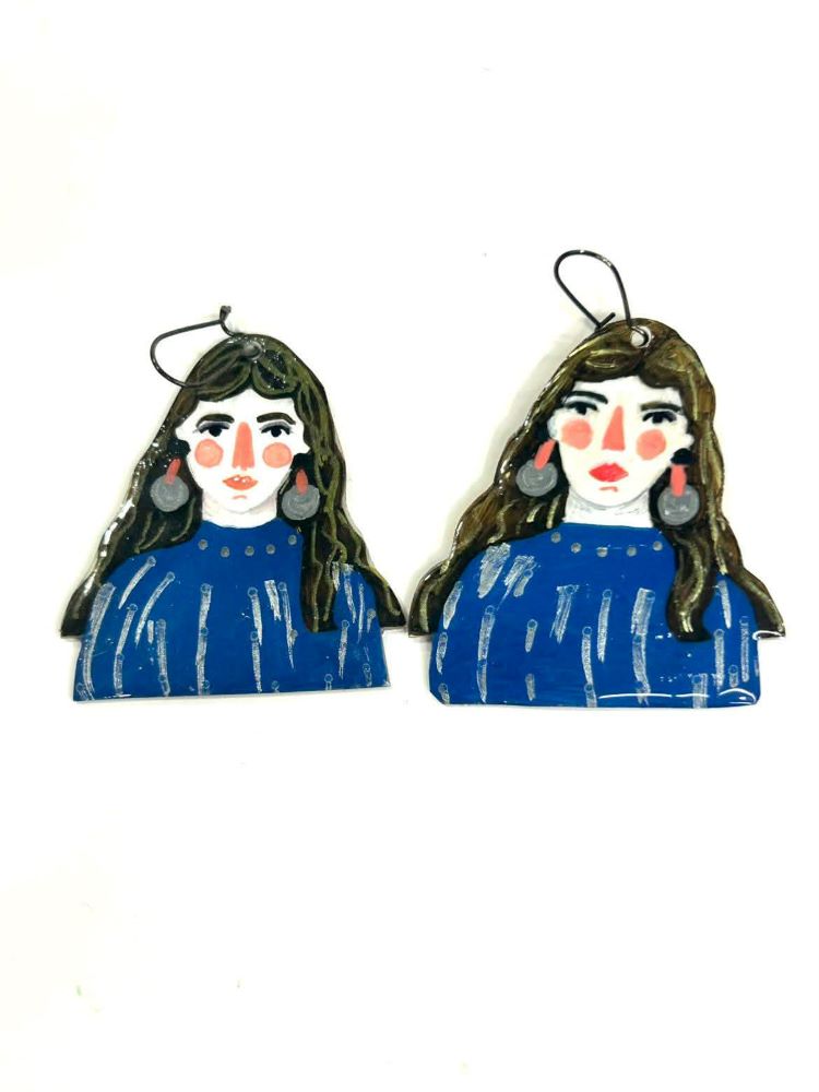 Χειροποίητα Σκουλαρίκια με Γυναικείο Πορτρέτο σε Μπλε Τόνους