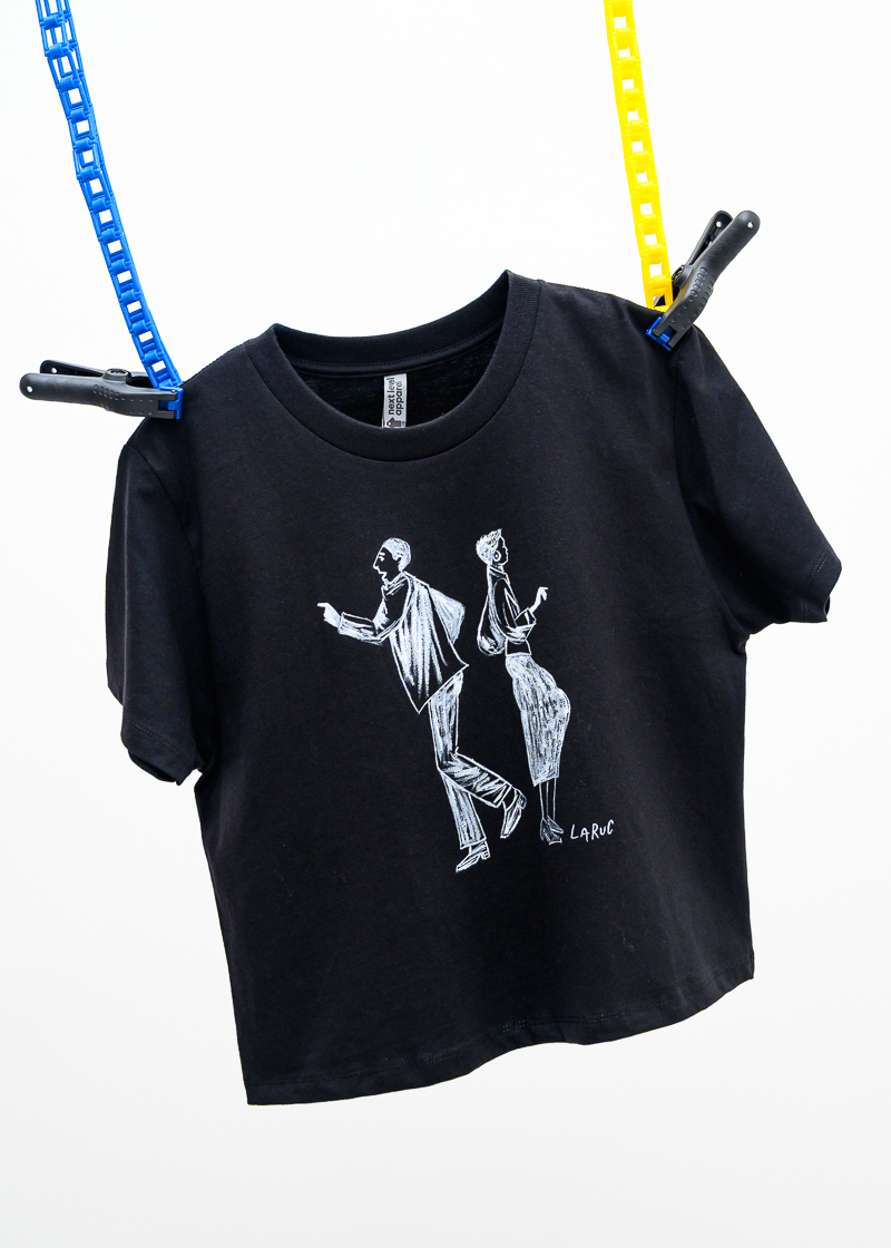 Χειροποίητο Μαύρο Βαμβακερό T-Shirt Ζωγραφισμένο στο Χέρι με Retro Φιγούρες που χορεύουν – 230γρ