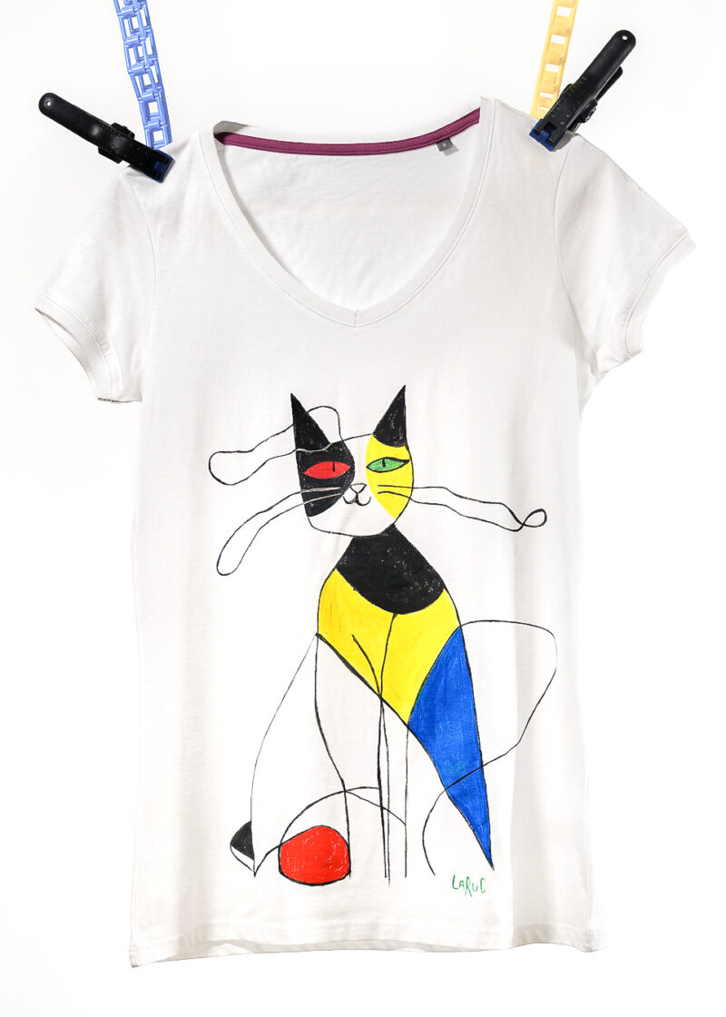 Χειροποίητο Ζωγραφισμένο Βαμβακερό T-Shirt με Γάτα – Artistic Cat Collection Small