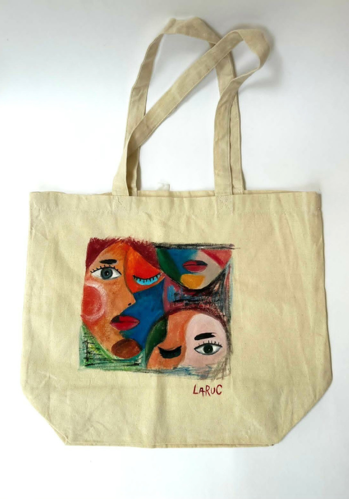 Tote Bag Ζωγραφισμένη στο Χέρι με Αφηρημένα Πρόσωπα – Καλλιτεχνική Τσάντα Ώμου