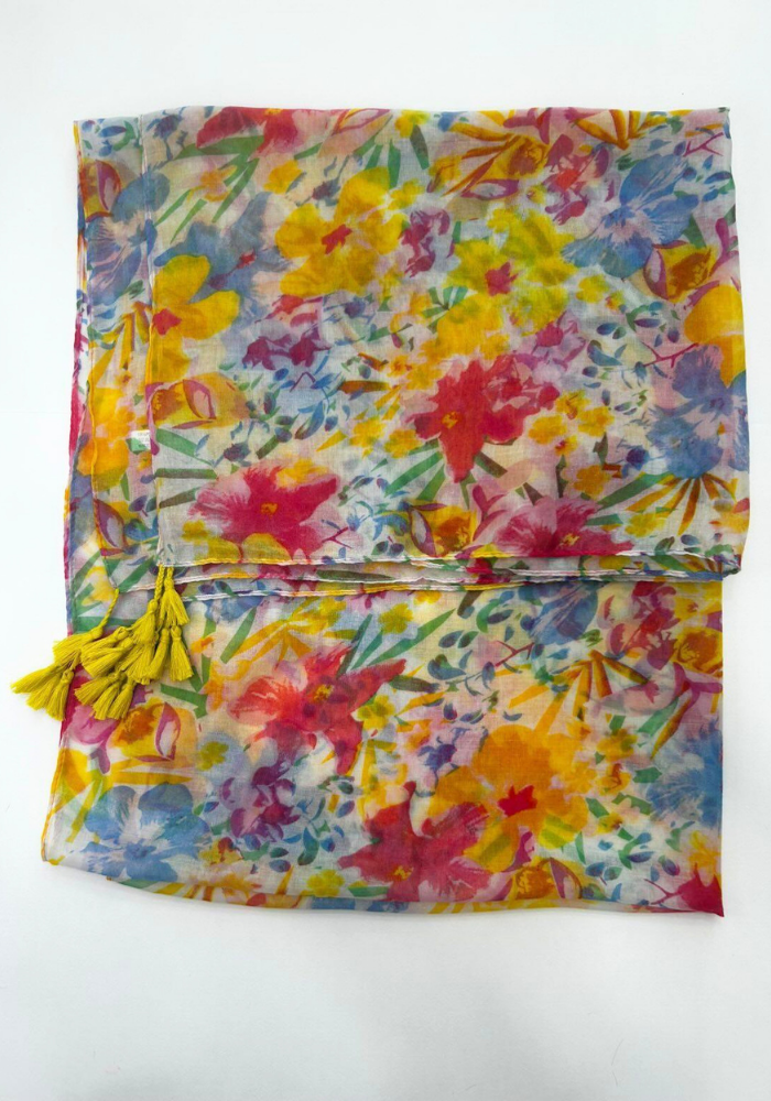 Γυναικείο Floral Φουλάρι με Φουντάκια 180x82 εκ. – Πολύχρωμη Εσάρπα Watercolor Flowers
