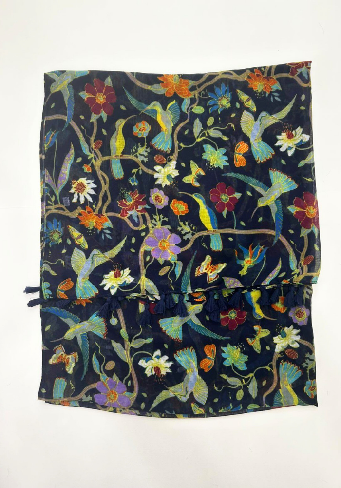 Γυναικείο Φουλάρι Birds & Flowers Print με Φουντάκια 180x82 εκ. – Πολύχρωμη Εσάρπα Nature Design